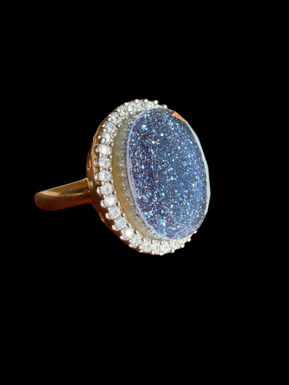 Sterling Silver 925 Blue Titanium Druzy Quartz Oval Cocktail Ring Size 9 Heart